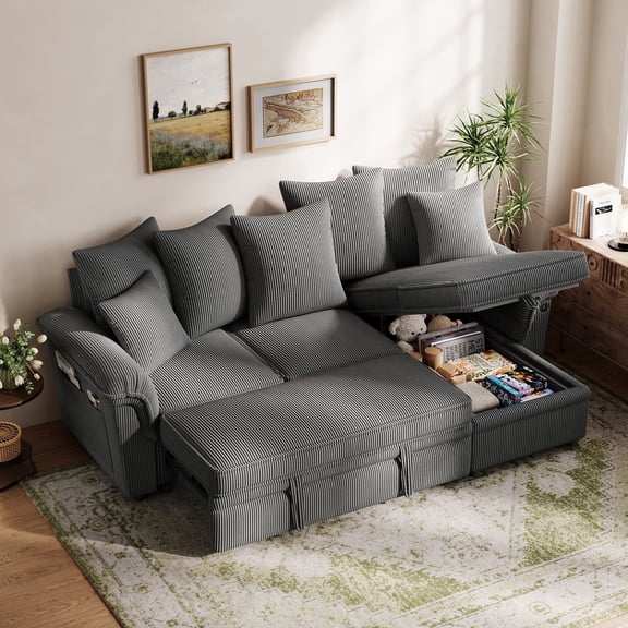 LINSY HOME Modular Sectional Sofa, Sleeper Sofa Bed with Reversible Storage Chaise, Pull Out Couch Bed with USB, Side Pocket & Two Pillows, Grey