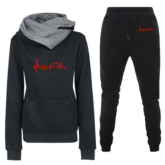 Jacenvly Christmas Sweatshirt Christmas Print Comfort Warmth Long Sleeve Tracksuits Suit Hooded Pocket Pullover Elastic Waisted Sweatpants Loose Casual 2-Piece Sets Black