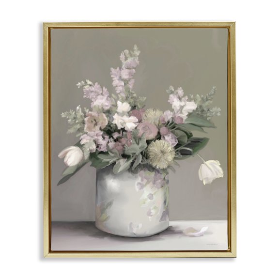 Stupell Industries Traditional Timeless Flower Bouquet Assorted Blossoms Patterned Vase Gold Floating Frame Canvas Art, 17 x 21, by Kamdon Kreations