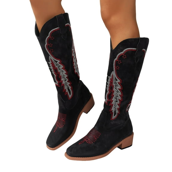 Womens Knee High Cowboy Cowgirl Boots Boho Embroidered Wide Mid Calf Western Knight Riding Tall Boots