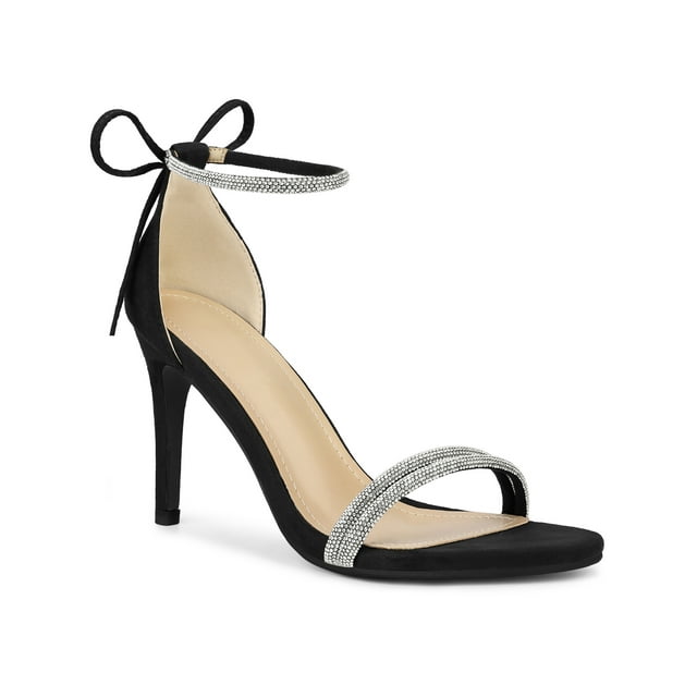 BLISSFUL STEP Women's Shoes Stiletto Heels Rhinestone Ankle Tie Open Toe Faux Suede Party Sandals Black 11