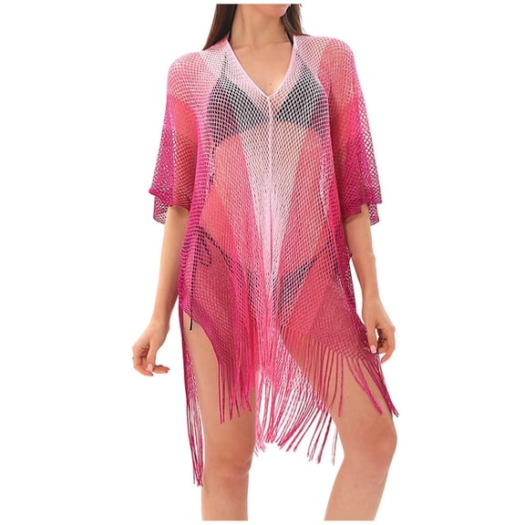 ZToonmas Women's Gradient Crochet Fringe Beach Cover-up V-Neck Sheer Mesh Swim Tunic Half Sleeve Bikini Cover for Vacation