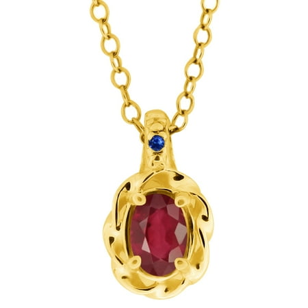 0.66 Ct Oval African Red Ruby Blue Sapphire 18K Yellow Gold Pendant