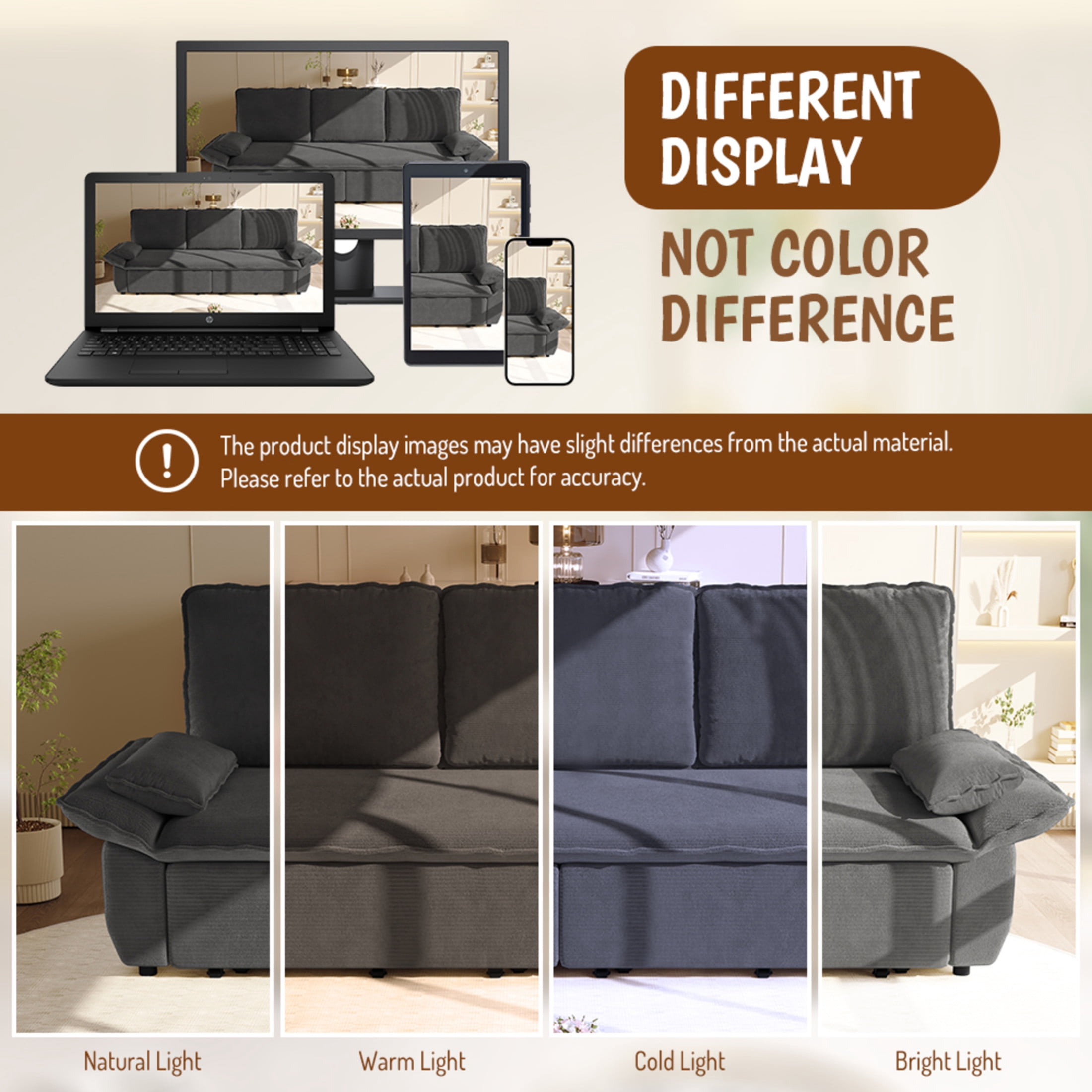 Noble House Genrix Corduroy Convertible Sleeper Sofa Bed, Multifunctional 3-in-1 Pull Out King Couch, Grey