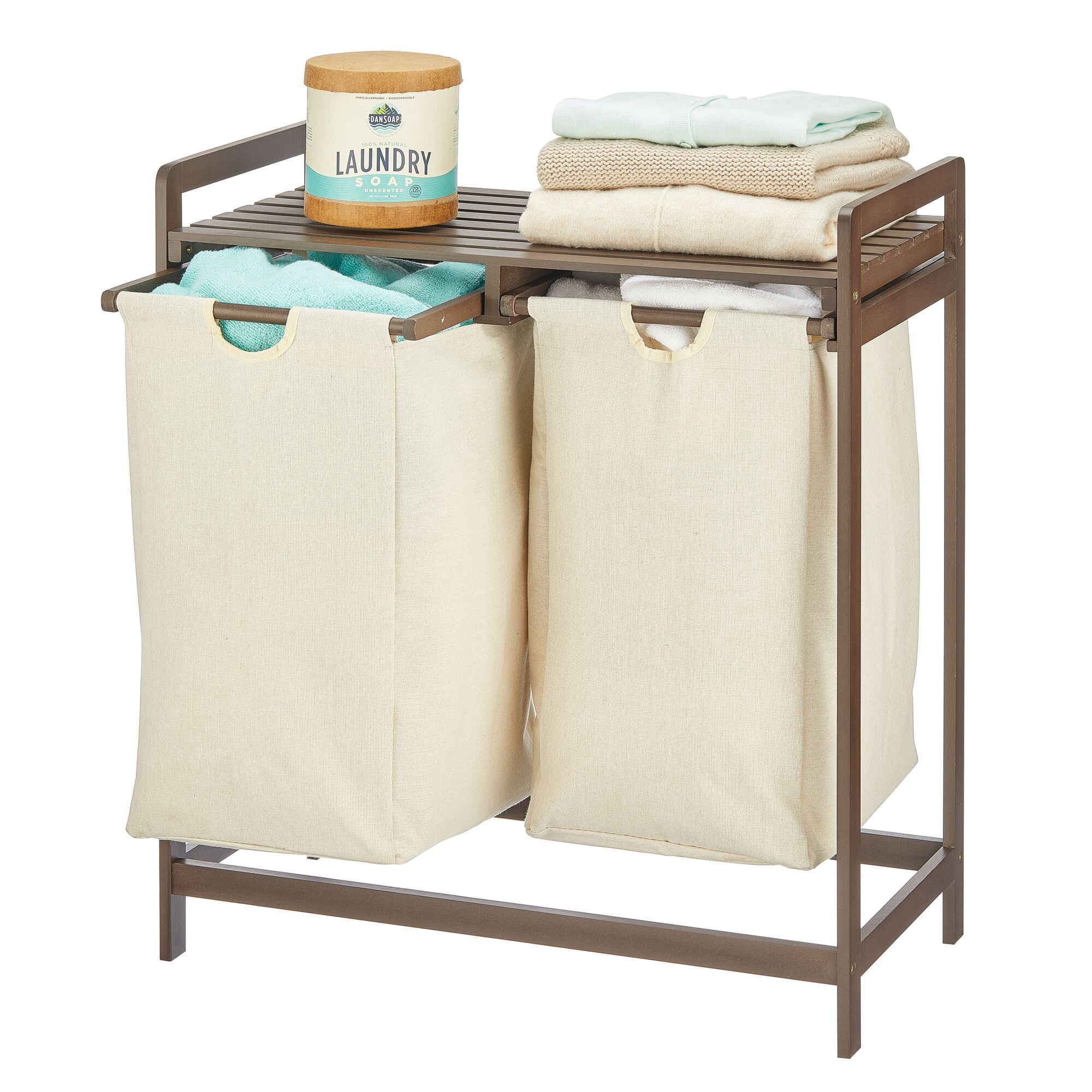 mDesign Bamboo Freestanding Double Laundry Basket Hamper Organizer - Dark Brown