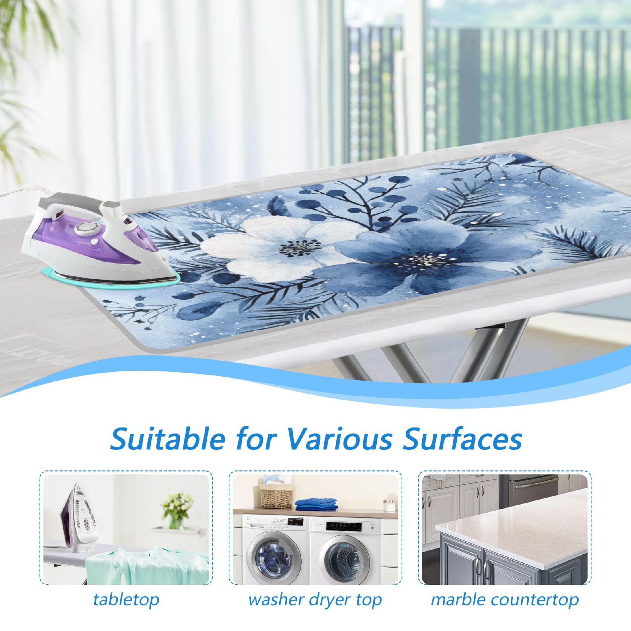Blue and White Flowers Ironing Board Covers Heat Resistant Ironing Pad Mat Portable for Travel Washer Dryer Table