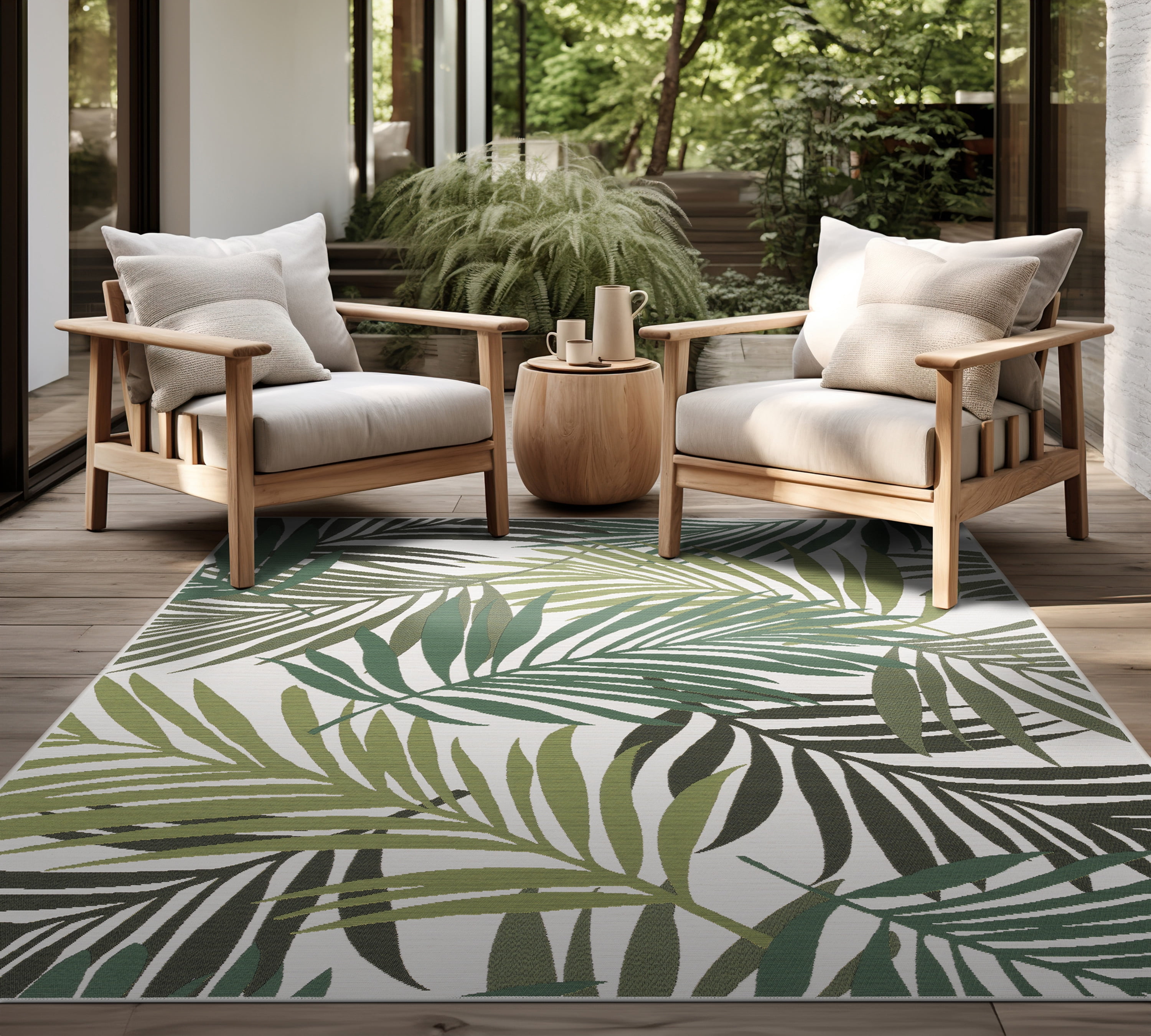 Stunning Transitional 2' x 3' Cream and Green Polypropylene Outdoor Area Rug