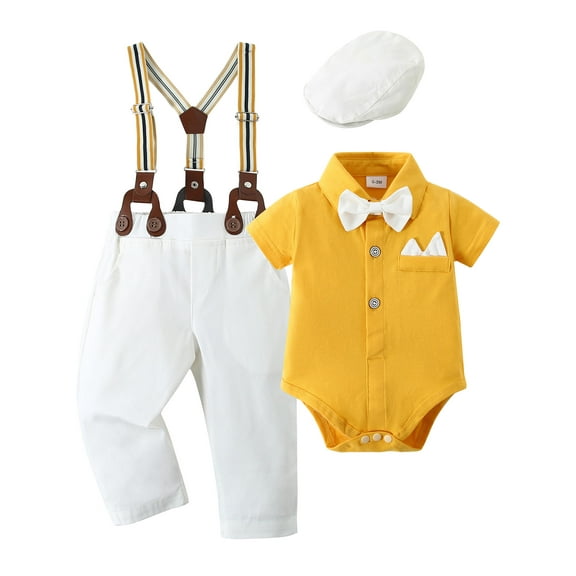 CARETOO Baby Boy Clothes Suit Gentleman Short Sleeve Romper Suspender Pants Bowtie Hat Outfit 0-24M