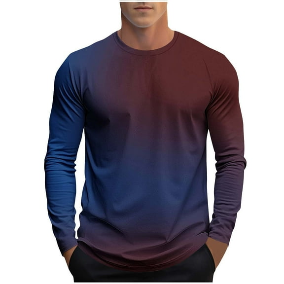 LNWUY Men's Big and Tall Casual Gradient Print Top Soft Comfortable Sports Long Sleeve Crew Neck Blouses Shirts Blue XXXL