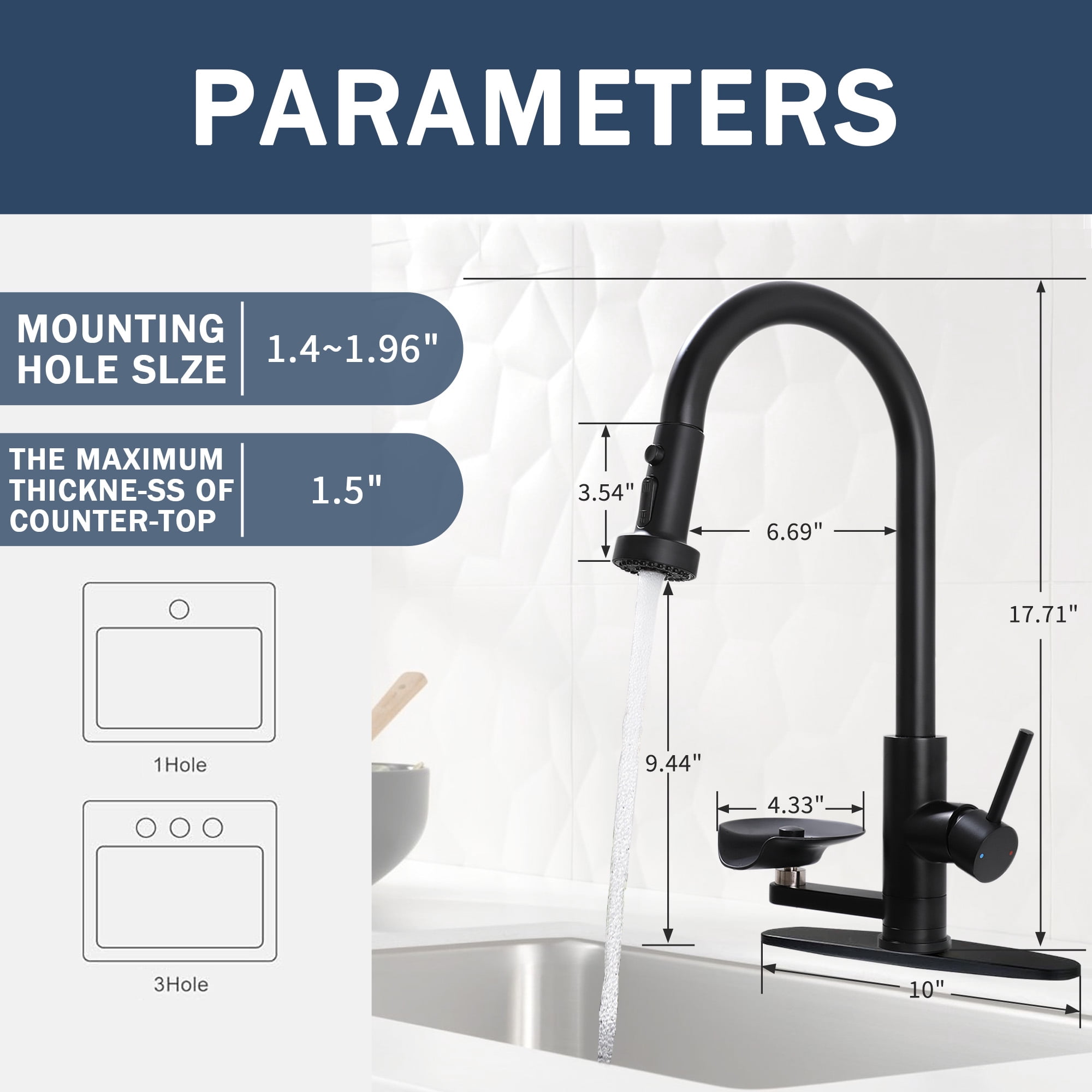 3 in 1 Kitchen Faucet with Press-Type Glass Rinser, High-Arc Pull-Down Sprayer Faucet, 3 Function Spray Mode, Matte Black Finish, for Modern Kitchen Sink