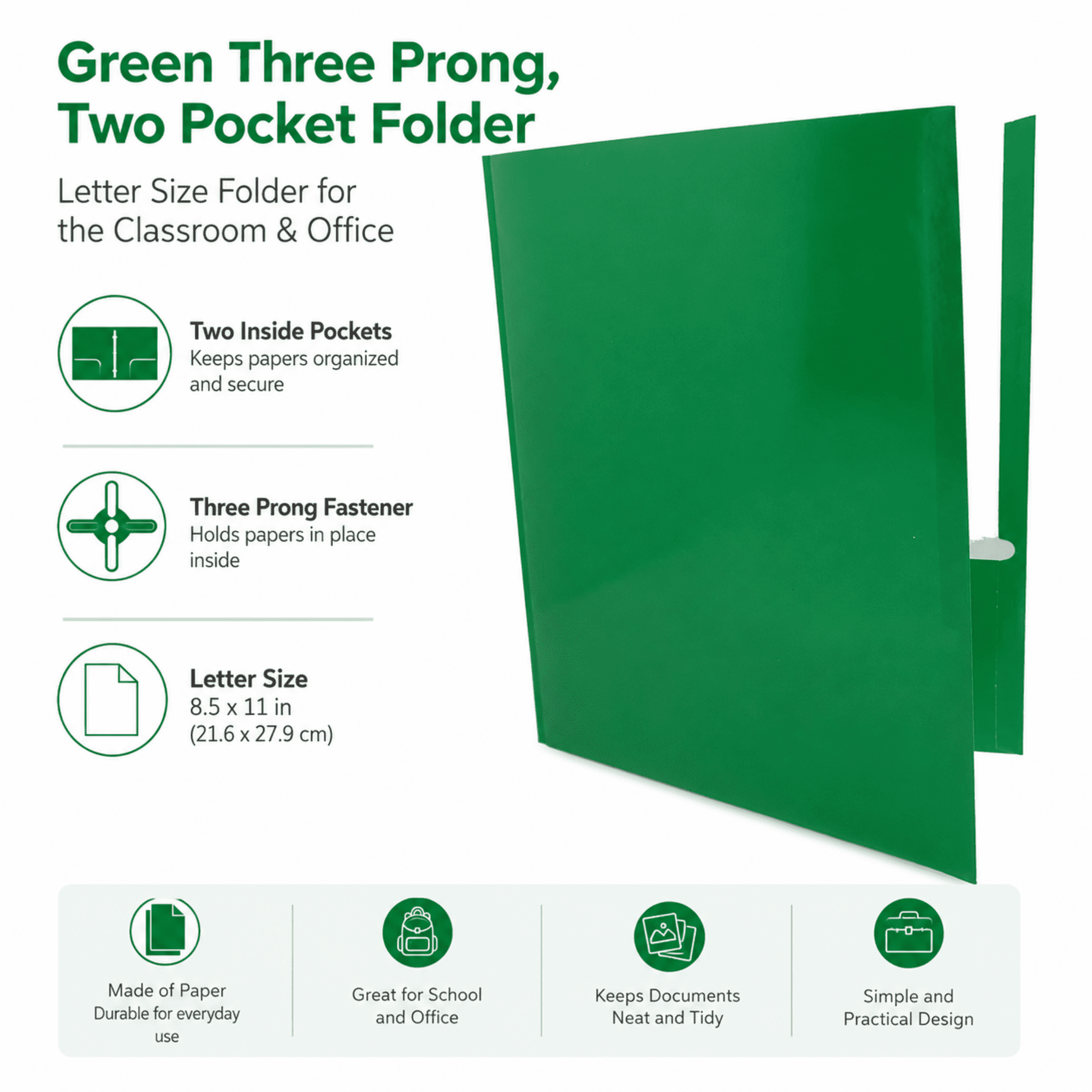 School Supply Boxes | (Green) Three Prong, Two Pocket Folders | 20 Pack | Letter Size Folders for the Classroom & Office