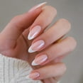 thumbnail image 3 of Glossy Press on Nails Medium Almond French Fake Nails, Pink Acrylic False Nails with Shimmer Effect and White Tip Design Glazed Artificial Nails for Women and Girls, 24Pcs Ombre Apricot 08-Pearlescen, 3 of 4