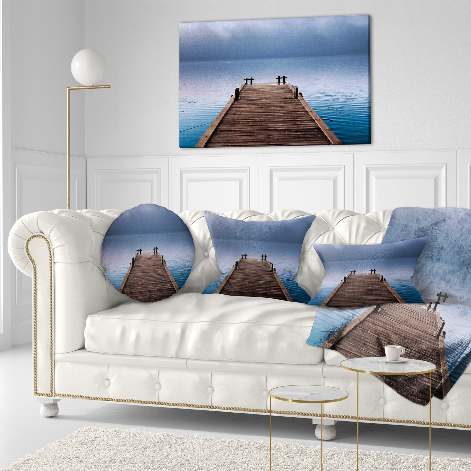 Designart Wooden Pier under Foggy Sky - Seascape Throw Pillow - 12x20