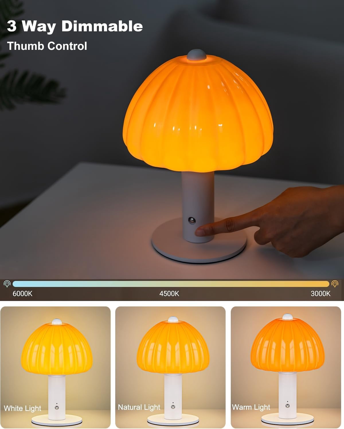 FANHAO Touch Bedside Table Lamp, 3-Way Dimmable with Mushroom Glass Light,4000mAh, Bedroom Reading