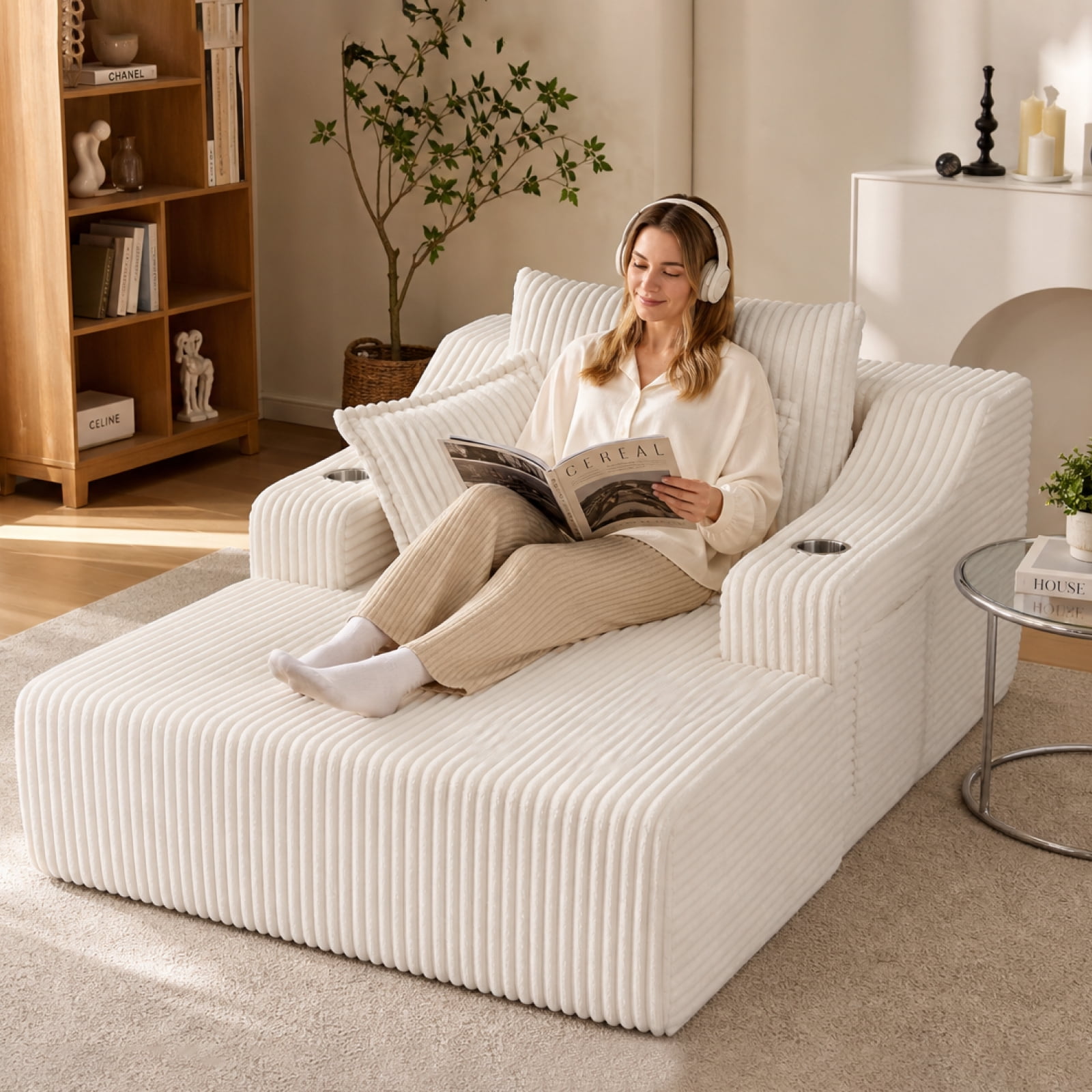 47" Wide Oversized Single Chaise Lounge Chair, 67'' Sleeper Sofa Bed with Cup Holders & 3 Pillows
