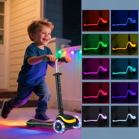 Wheelive 3-Wheel Light-Up Kids Scooter, 20 Different Light Patterns,Three Adjustable Heights,Lean to Steer, Balancing Scooter for Ages 3-8,Black