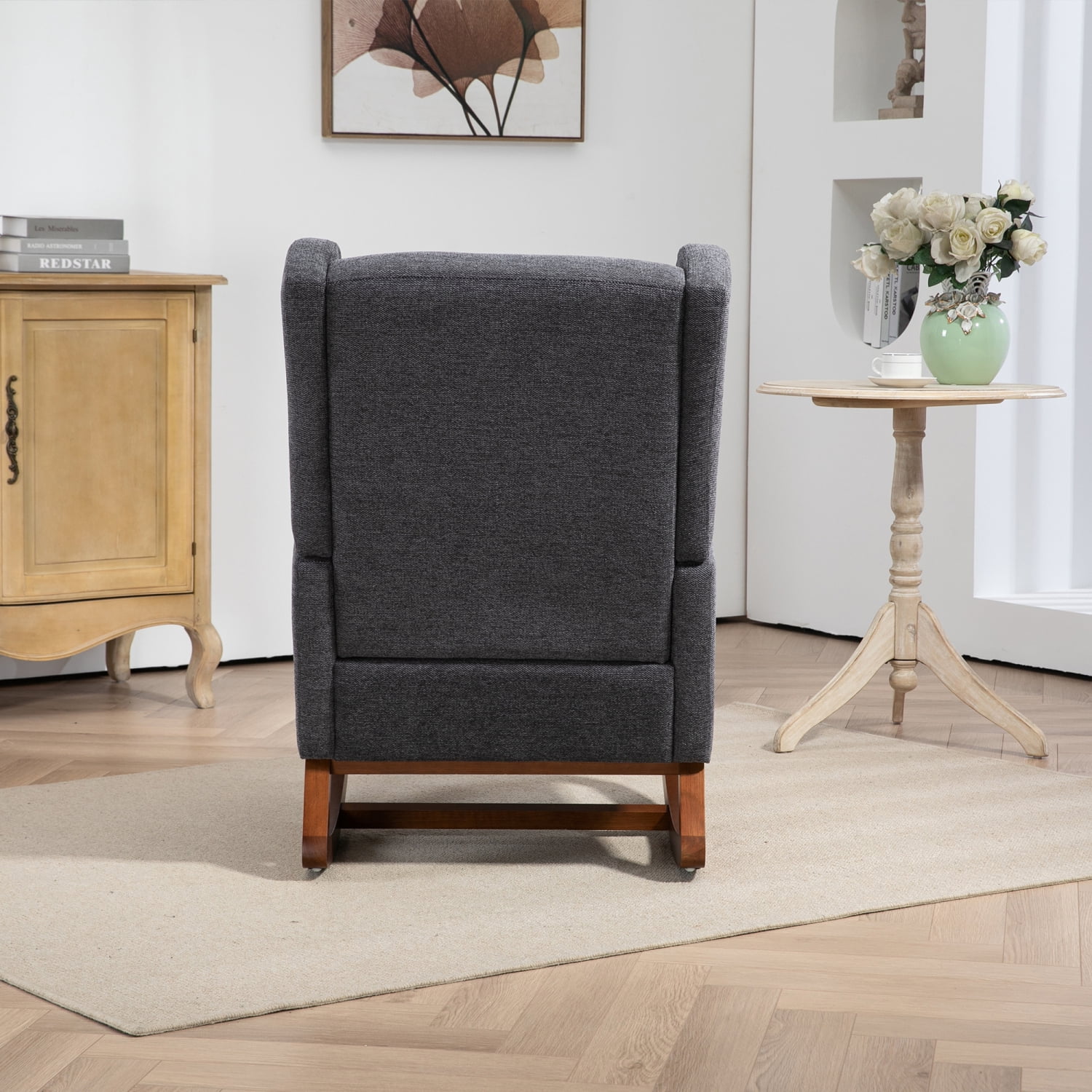 Miekor Furniture 25.4" W Modern Rocking Chair for Nursery,Mid Century Accent Arm Rocker With Retractable Footrest,Side Pocket,Comfy Upholstered Wingback Wooden Glider Chair MK3968