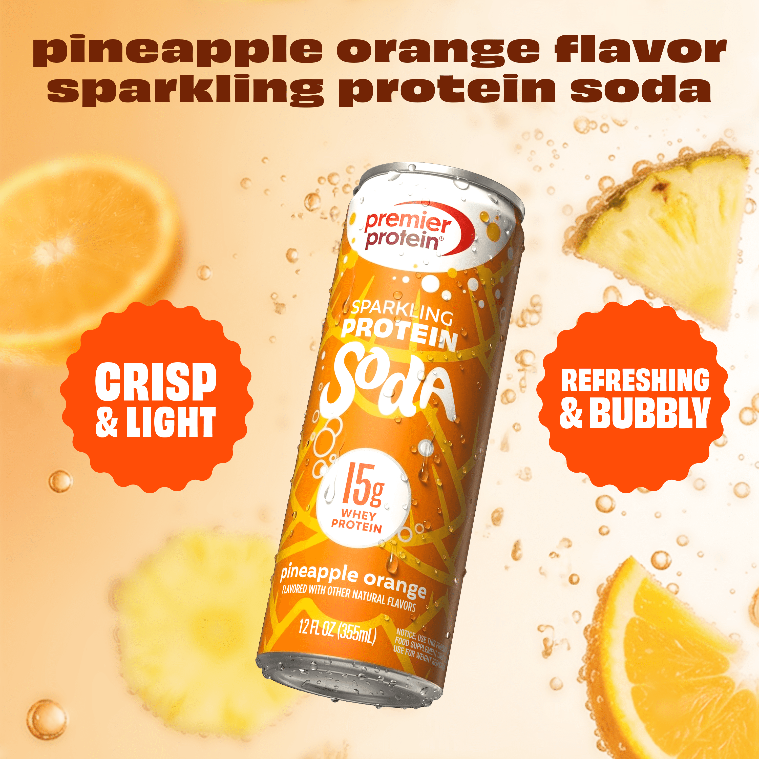 Premier Protein, Sparkling Protein Soda, 15g Protein, Pineapple Orange, 12 Fl Oz, 12 Ct
