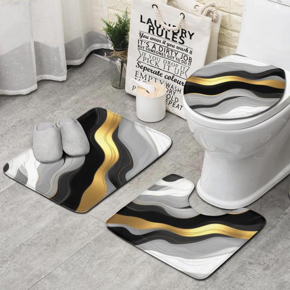 Black White Gold Marble Pattern Bathroom Rugs Sets 3 Piece,Toilet Cover Set,Absorbent Non Slip Bathroom Mats Sets with U-Shaped Contour Rug Toilet Rug Set