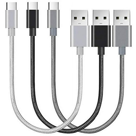 Short Chargers, USB Type-C to USB A Fast Charger Cable Cords, High Speed Data and Charging, Nylon Braided, 3-Pack, 7-Inch, Silver, Black, Grey