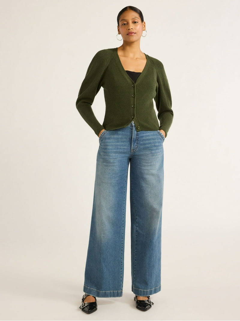 Scoop Women's Puff Sleeve Cardigan Sweater, Lightweight