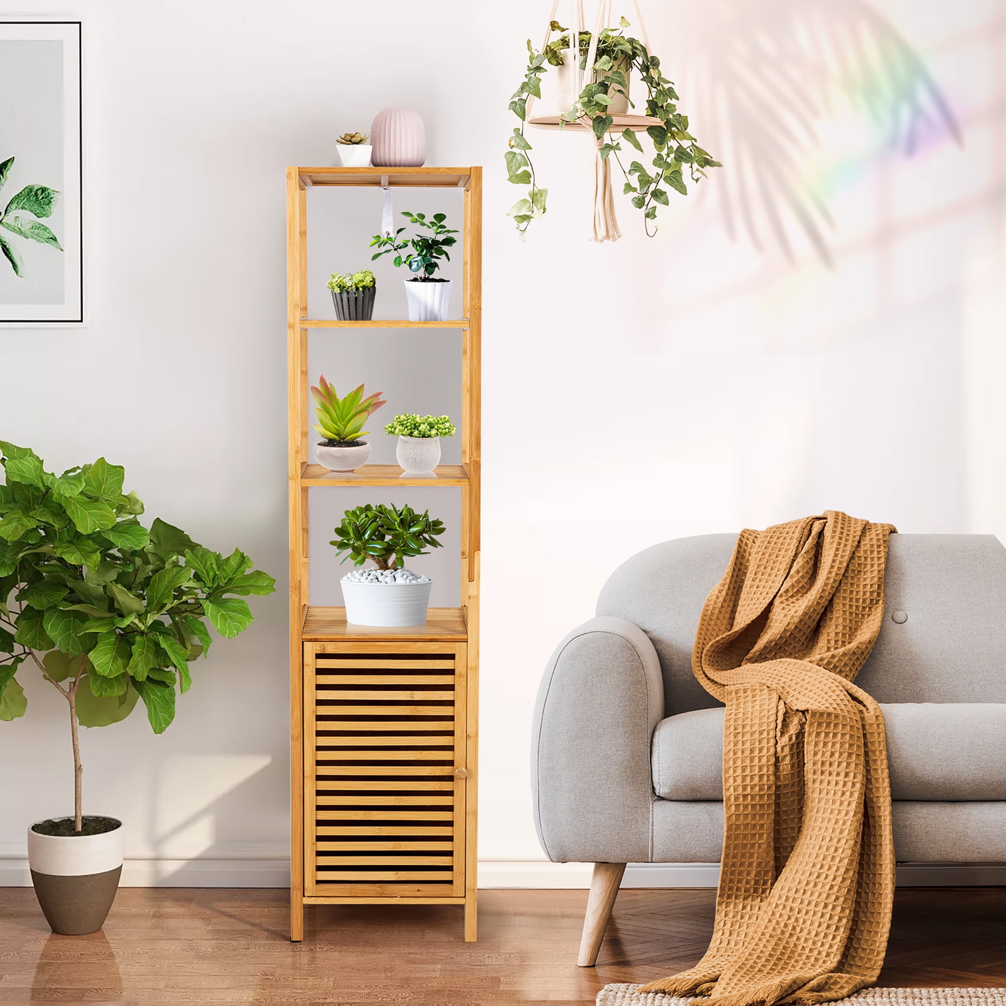 Costway 4 Tiers Bamboo Bathroom Storage Floor Cabinet Tower Corner Rack w/ Louvered Door