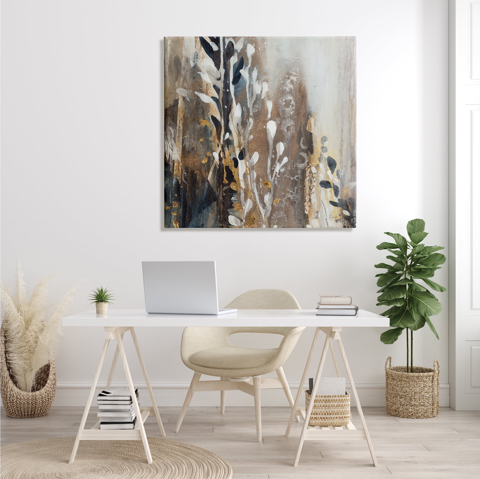 Stupell Industries Modern Abstract Painting Brown Grey White Cascading Plants, 36 x 36, Design by K. Nari