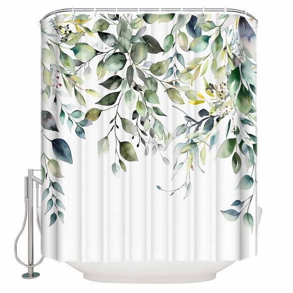 Pastoral Floral Plant Shower Curtain, 72" x 72", Sage Green Eucalyptus Leaves White Waterproof Bathroom Curtain Washable Shower Curtain Set with 12 Hooks