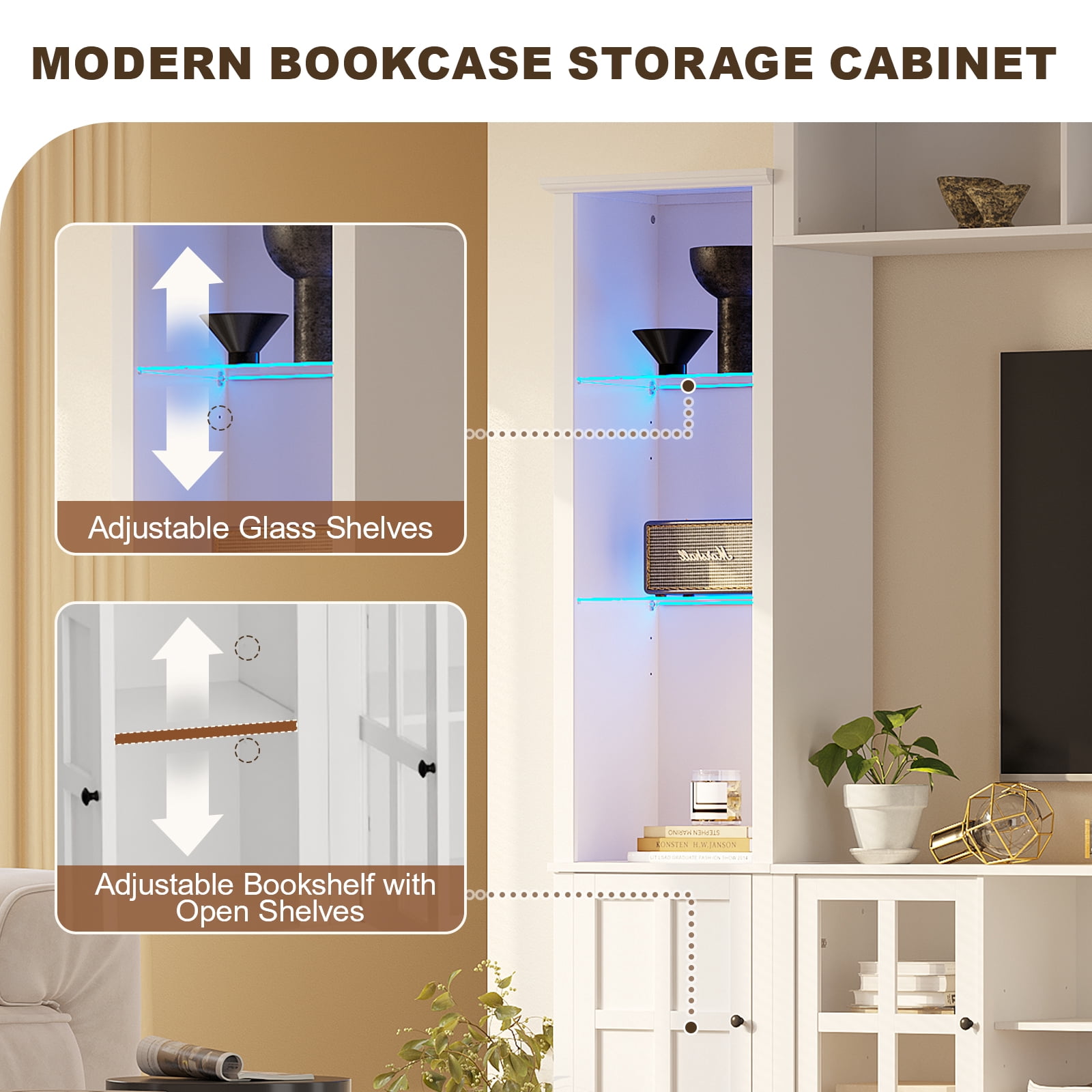 MEISSALIVVE 4 Piece Wall Unit TV Stand with LED Lights, Modern Entertainment Center with Bookshelf, Wine Cabinet, Display Storage, Fits 70" TVs, White