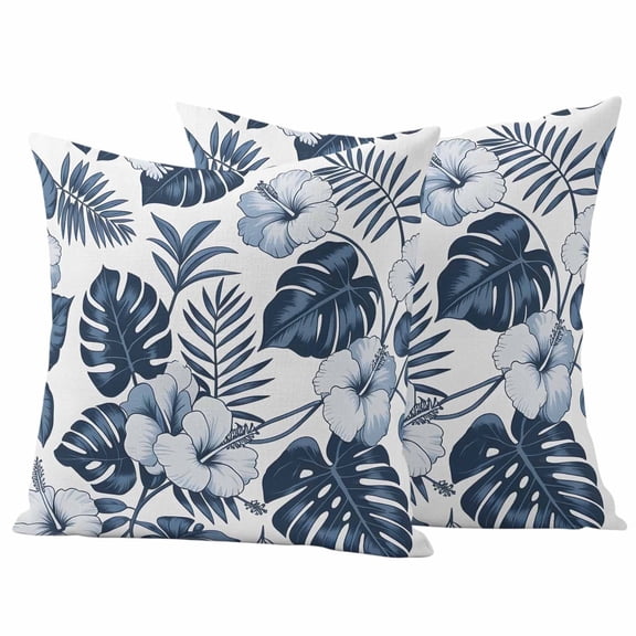 2 Pack Outdoor Waterproof Throw Pillow Covers,Blue Flower Tropical Palm Leaves Decorative Square Patio Pillowcases for Chair Couch Sofa 16x16in