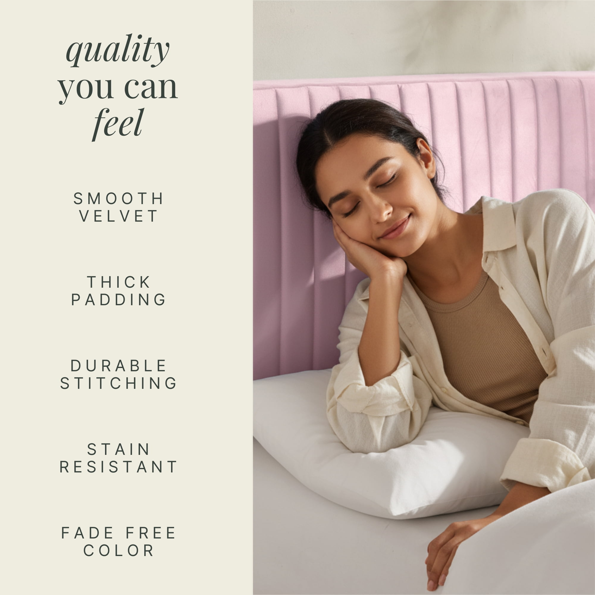 Virtu Queen Headboard No Tools Required Peel and Stick Upholstered Velvet Bed Headboard Only, Blush