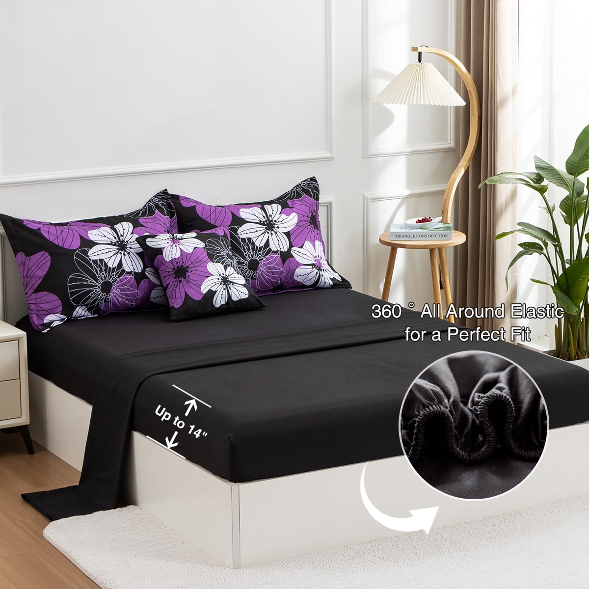 Btargot 6PCS Purple Comforter Sets King Floral Botanical Boho Bed-in-a-Bag Black Bedding Set