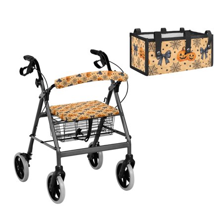 ZIATUBLES 3 Pieces Rollator Walker Accessories Set Includes Walker Seat and Backrest Covers with Matching Halloween Pumpkin Bow Print Storage Bag, Decorative Rollator Accessory Set, Easy to Install