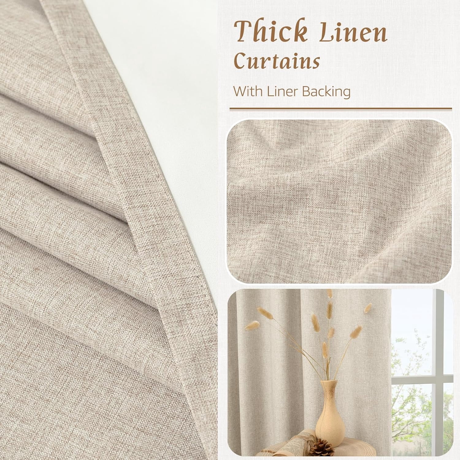 100% Blackout Natural Linen Curtains, 72 Inches Linen Textured Thermal Bedroom Curtains Back Tab and Rod Pocket Neutral Panels with White Liner for Farmhouse, 2 Panels, 52 x 72 Inch, Oatmeal
