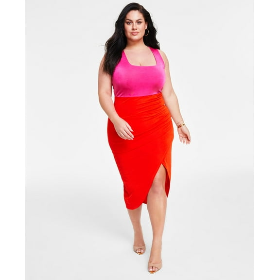 Trendy Plus Size Bodycon Ruched Dress Pink Yarrow/Orange 1X