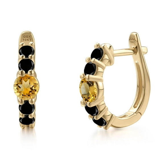 Gem Stone King 10K Yellow Gold Yellow Citrine and Black Diamond Hoop Earrings for Women | 1.03 Cttw | Gemstone November Birthstone | Round 4MM