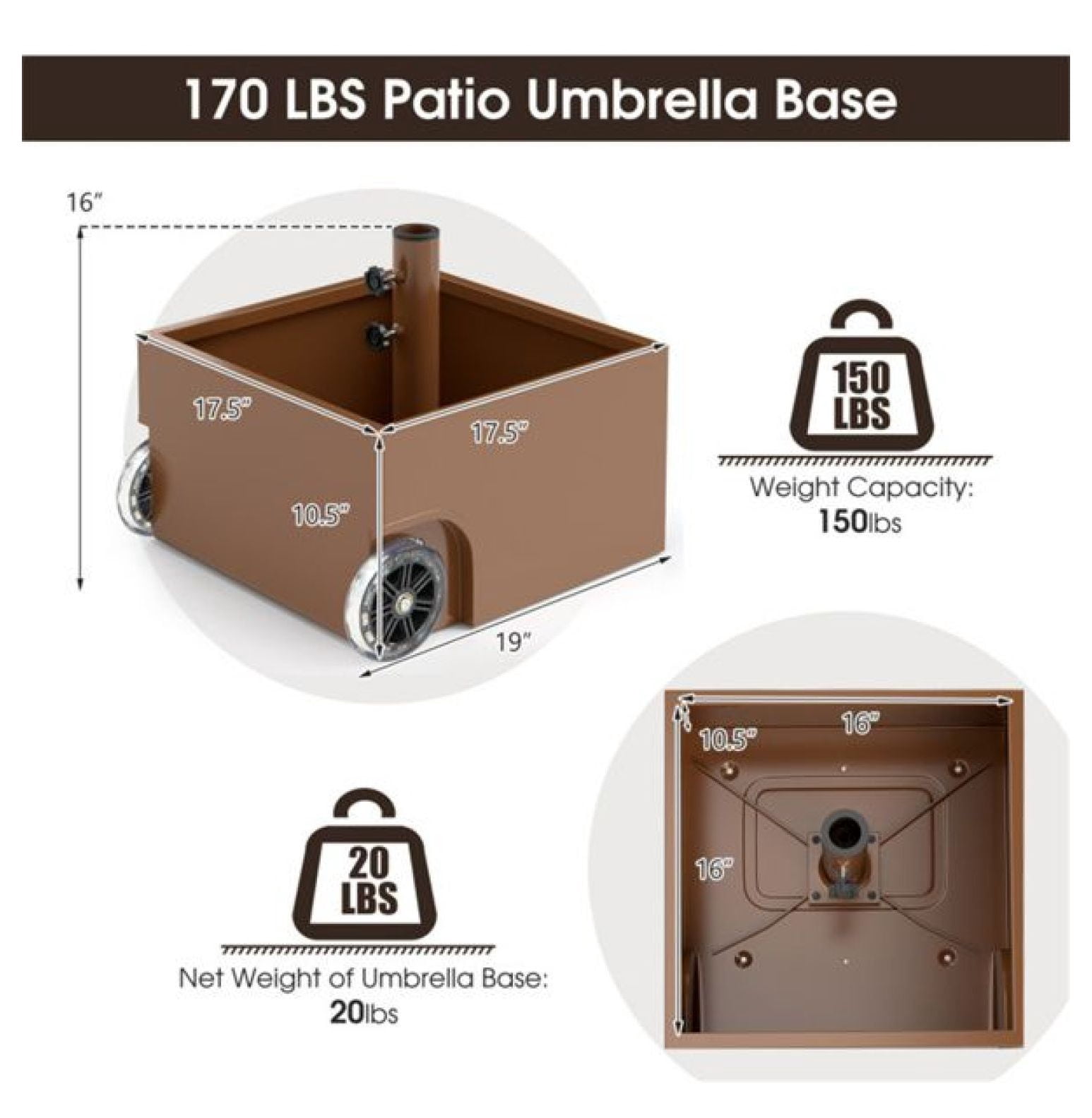 150LBS Umbrella Base with Wheels, Coffee, Patio Umbrella Stand for 7.5-11ft Umbrellas, Fillable Planter, 2 Adapters, Heavy Duty Steel