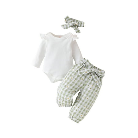 

CocMouse Baby Girl Fall Outfit Ribbed Romper Checkerboard Pants Headband Belt