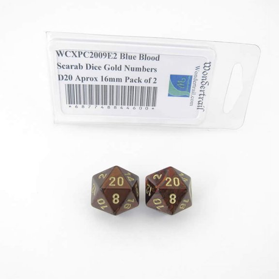 Blue Blood Scarab Dice with Gold Numbers D20 Aprox 16mm (5/8in) Pack of 2 Wondertrail