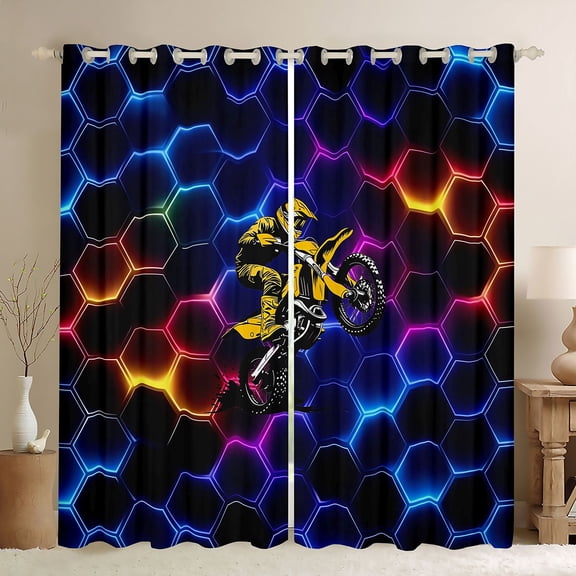 Manfei Motocross Sport Kitchen Curtains, Dirt Bike Black Out Curtains Pack of 2 (42x63 Each), Yellow and Black