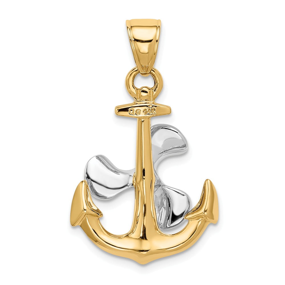 Solid 14k Yellow and White Gold Men's Two Tone 3-D Anchor Moveable  Propeller Pendant Charm - 34mm x 21mm