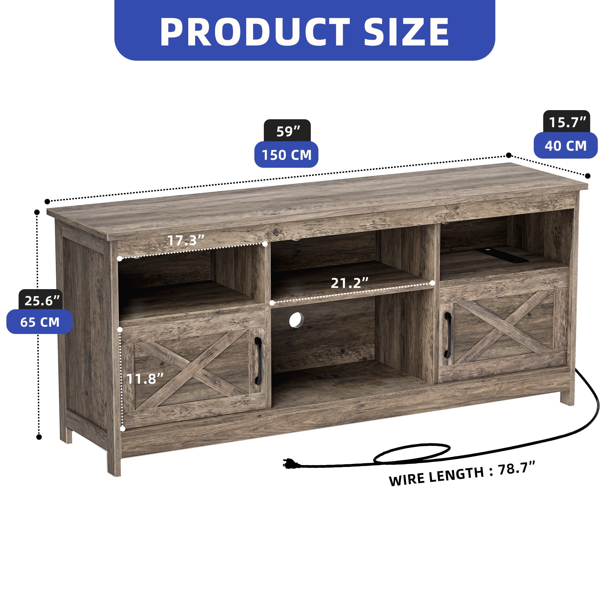 ModFusion Rustic Brown TV Stand, 70" Screen Support, Adjustable Shelves, LED Lights, 2 Doors with Magnetic Hinges, Cable Management, Freestanding Design, 300 lb Capacity