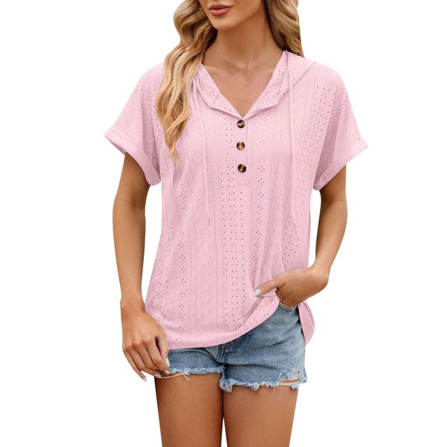 NINGMENG Womens Tops Solid Color Button V Neck Loose Short Sleeve Tops Pullover Tee Shirts Activewear,Pink,M