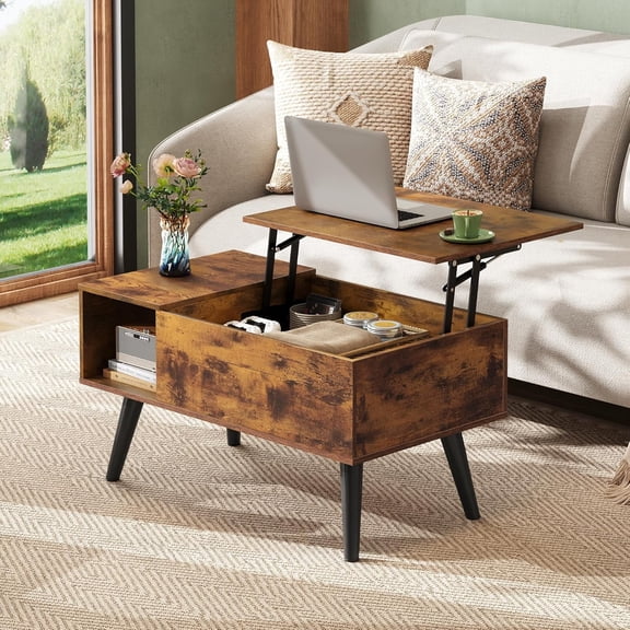 GALAXHERO 31.5" Coffee Table for Living Room Small Coffee Table with Shelf & Hidden Compartment Lift Top Modern Wooden Dining Center Table with Storage Rustic Brown