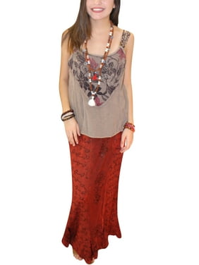 Mogul Women's Red Skirt Emnbroidered Elastic Waist Fit and Flared Boho Chic Maxi Skirts