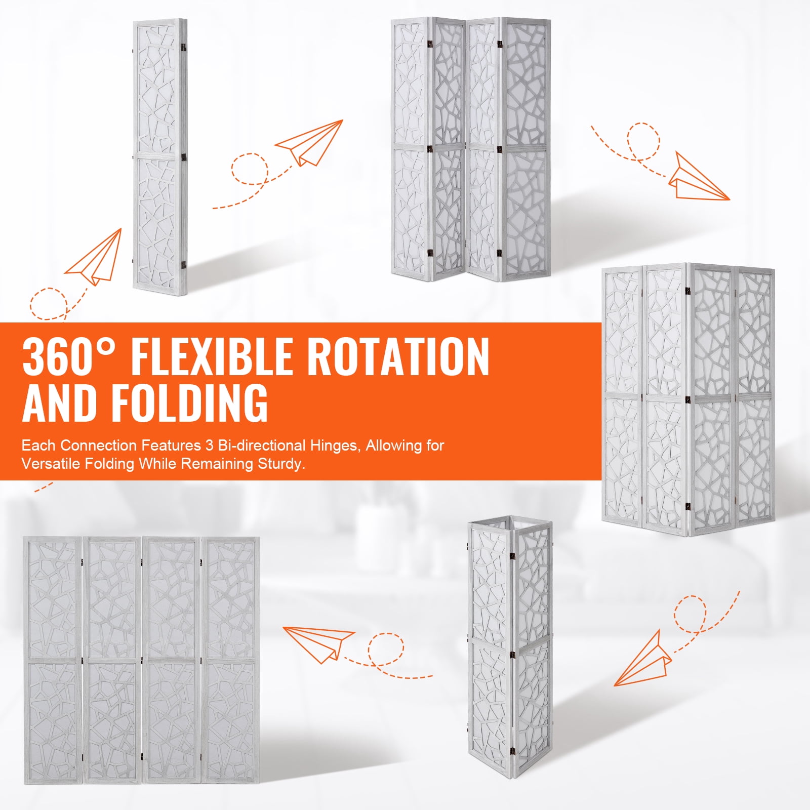 KFFKFF Wooden Partition, 4-Panel Foldable Privacy Barrier, 66.9 Inches High Indoor Engraved Wood Divider, Movable Decorative Screen, Suitable for Space Division in Homes, Offices, Restaurants