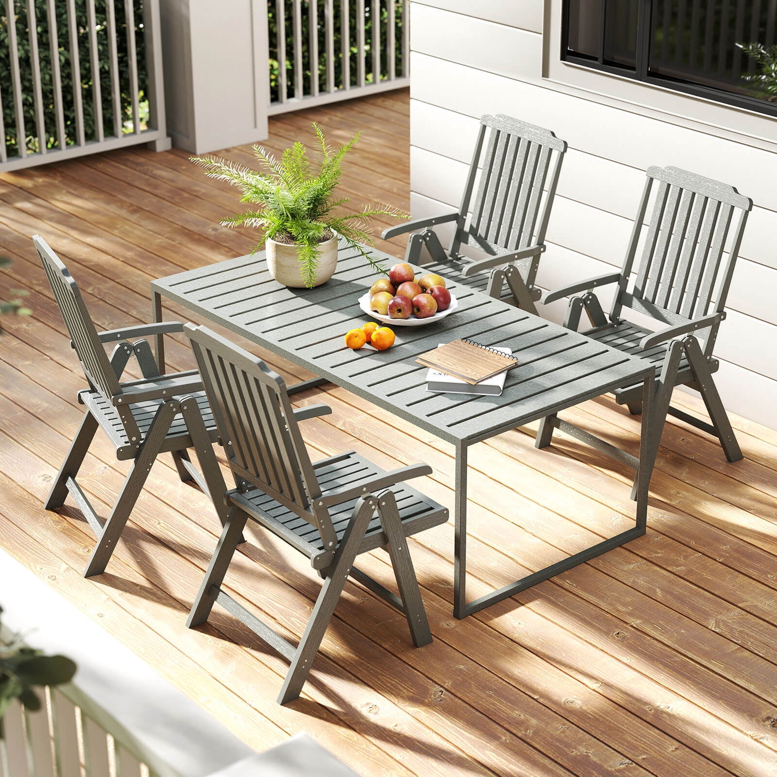 Costway Foldable Patio Chair with Armrest, Curved Back, Slatted Seat for Backyard Deck Gray