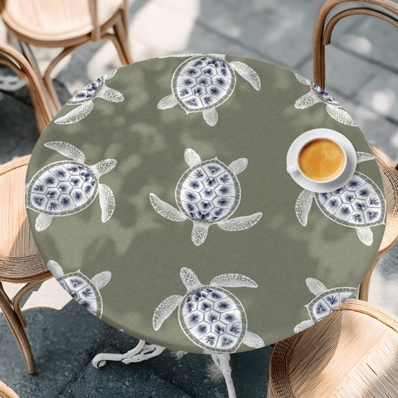 Coastal Ocean Turtle on Sage Green Round Fitted Tablecloth with Elastic Edge,Waterproof Table Cloth Fits 55"-60" Tables,Wipeable Table Cover for Indoor Outdoor Dinning Party,Sea Marine Creature