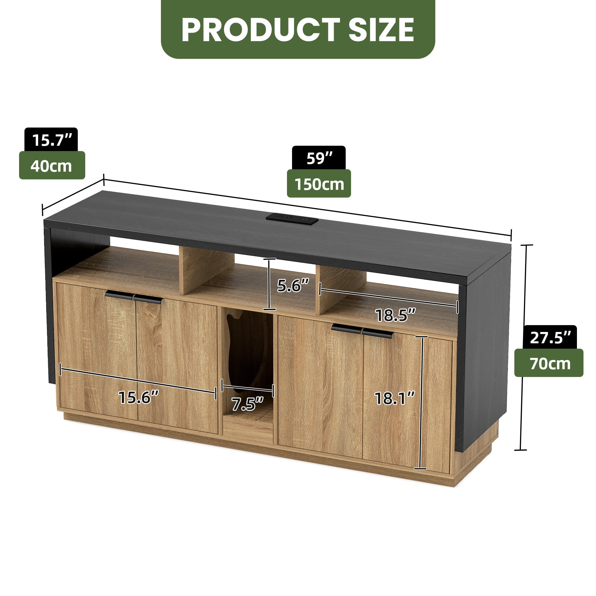 Uforic Double Cat Litter Box Enclosure with Power Hub & LED Light – 59" Oak TV Stand Cabinet for 2 Cats, Hidden Litter Furniture