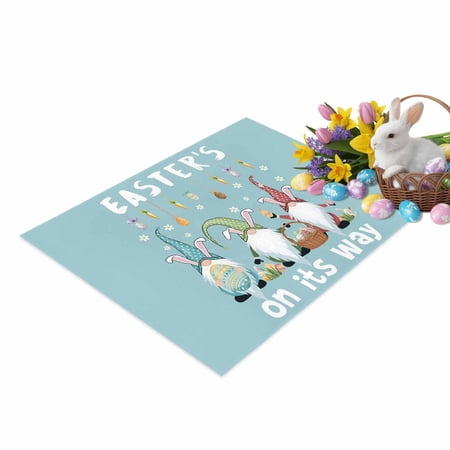 Happy Easter Door Mat Simple Colorful Gnomes Easter Eggs Floral Carrots Plant Blue Non Slip Absorbent Entrance Mat Washable Low Profile Indoor Doormat for Front Door Entryway Entry 18 x30